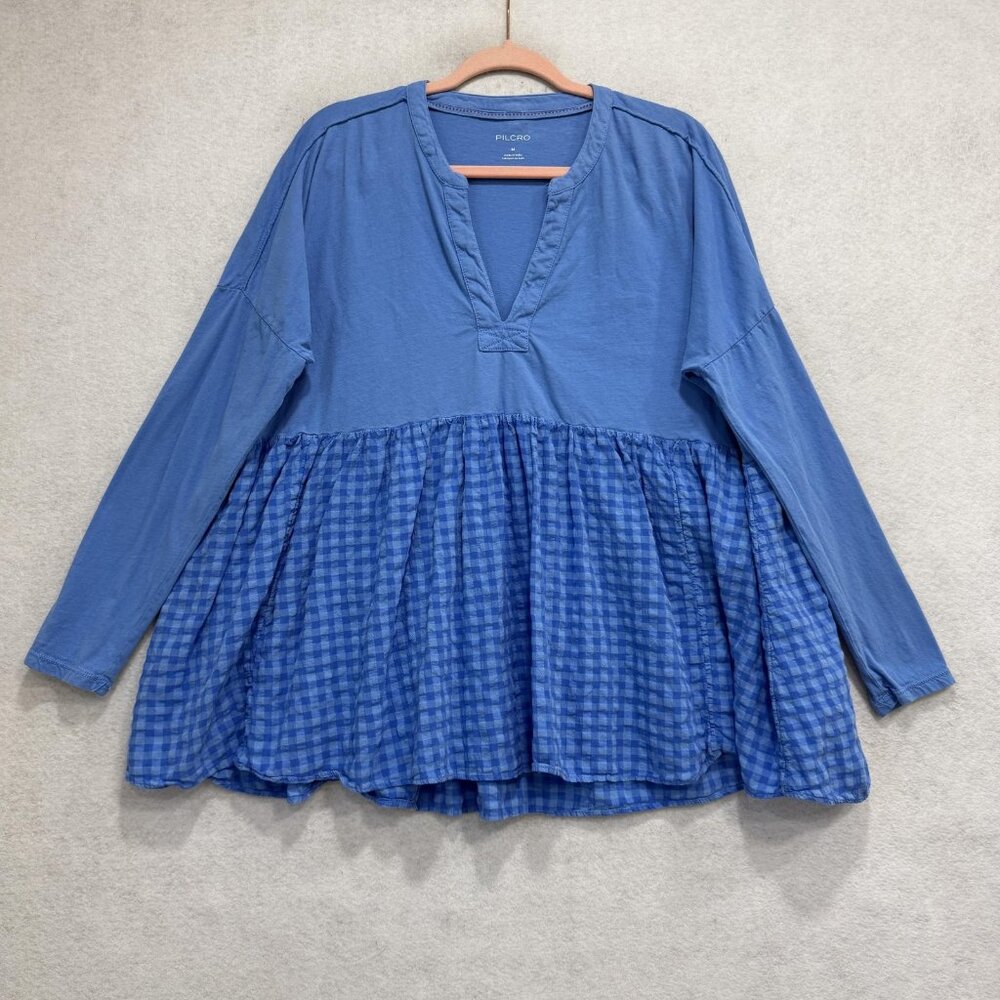 Pilcro Blouse Womens Medium Blue Check Mixed Media V Neck Tunic Top Long Sleeve